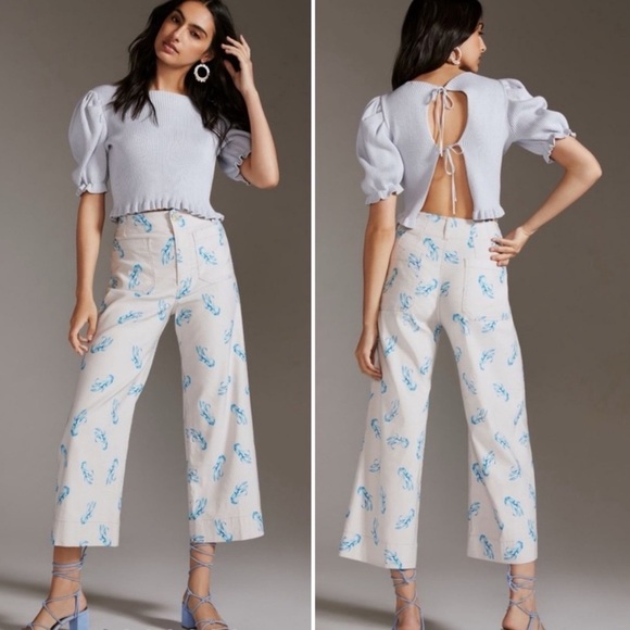 Maeve Pants - Maeve Anthropologie Colette Cropped Wide Leg Ivory Pants Blue Lobster Print 16W